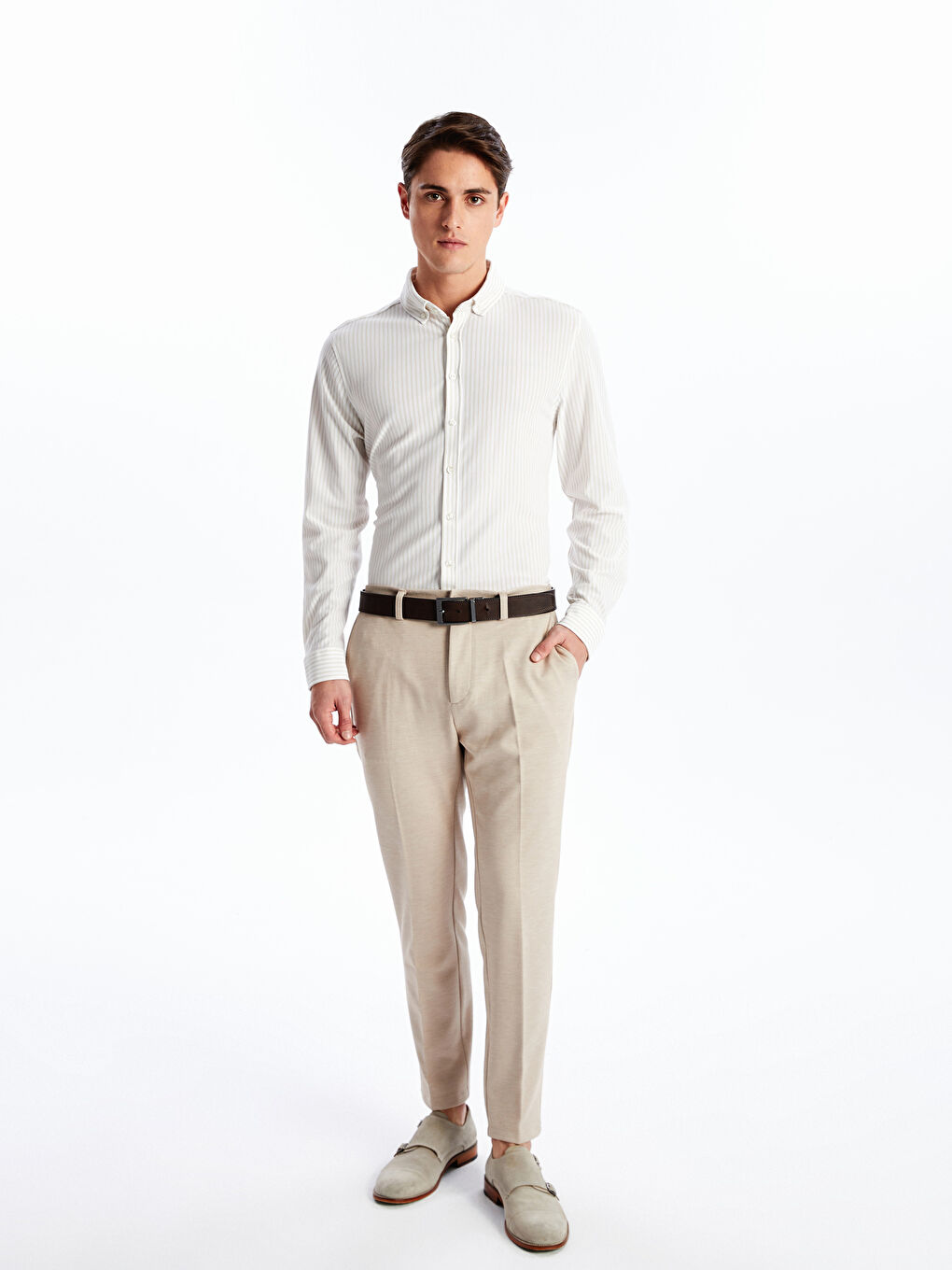 Bej Slim Fit Oxford Fitilli Erkek Gömlek-1