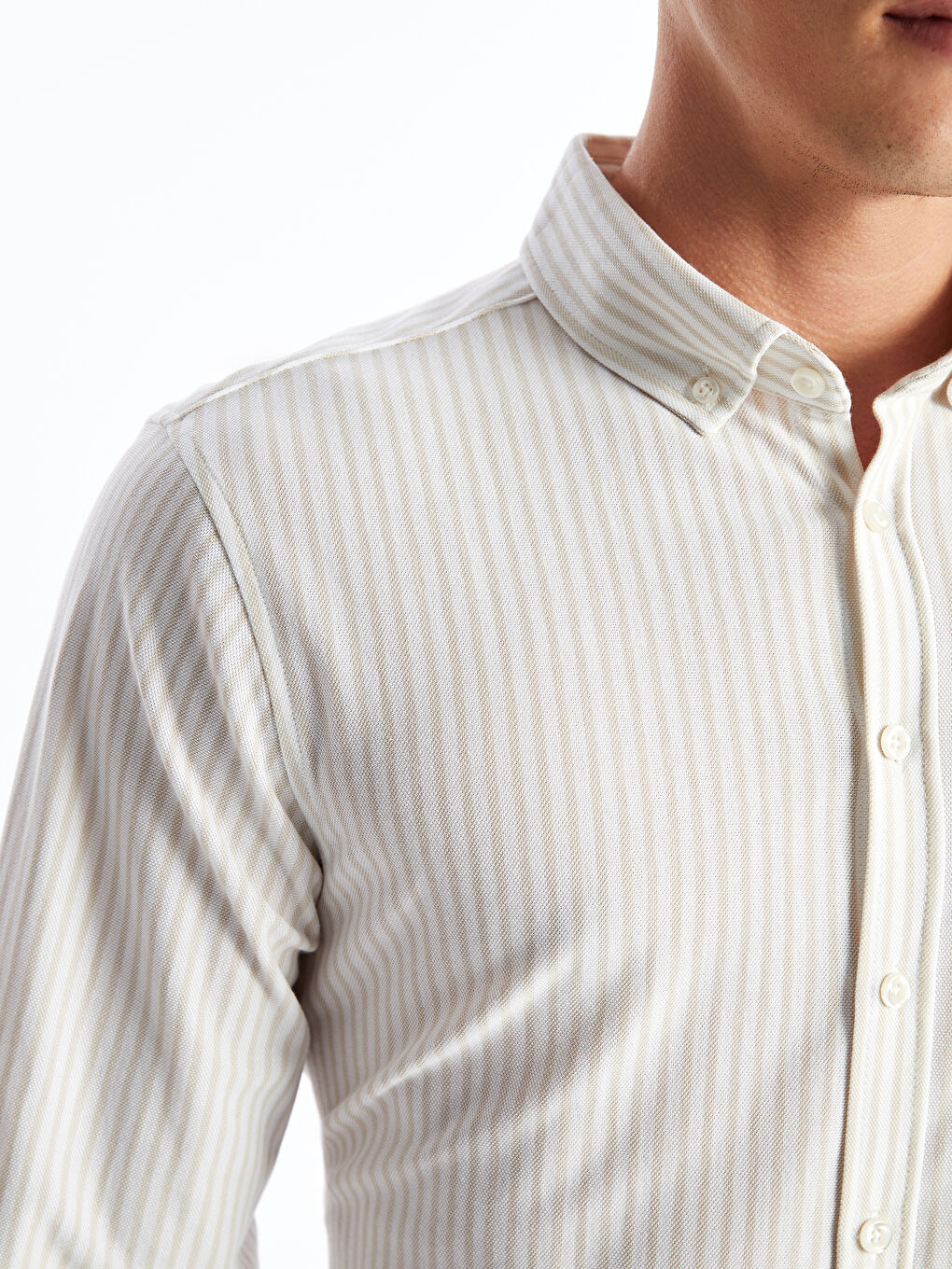 Bej Slim Fit Oxford Fitilli Erkek Gömlek-2