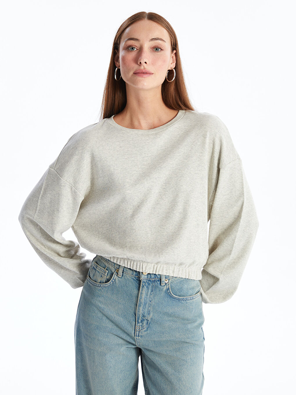 LCW ECO Grey Mel - Lacivert Bisiklet Yaka Düz Uzun Kollu Kadın Sweatshirt