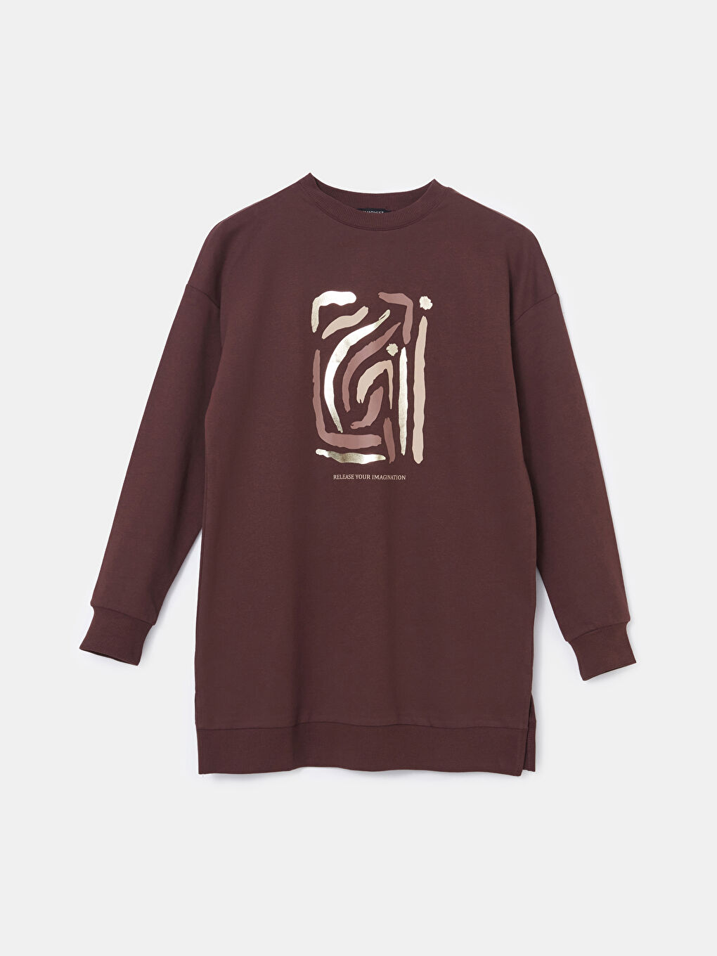 Kahverengi Bisiklet Yaka Baskılı Oversize Kadın Sweatshirt Tunik-4