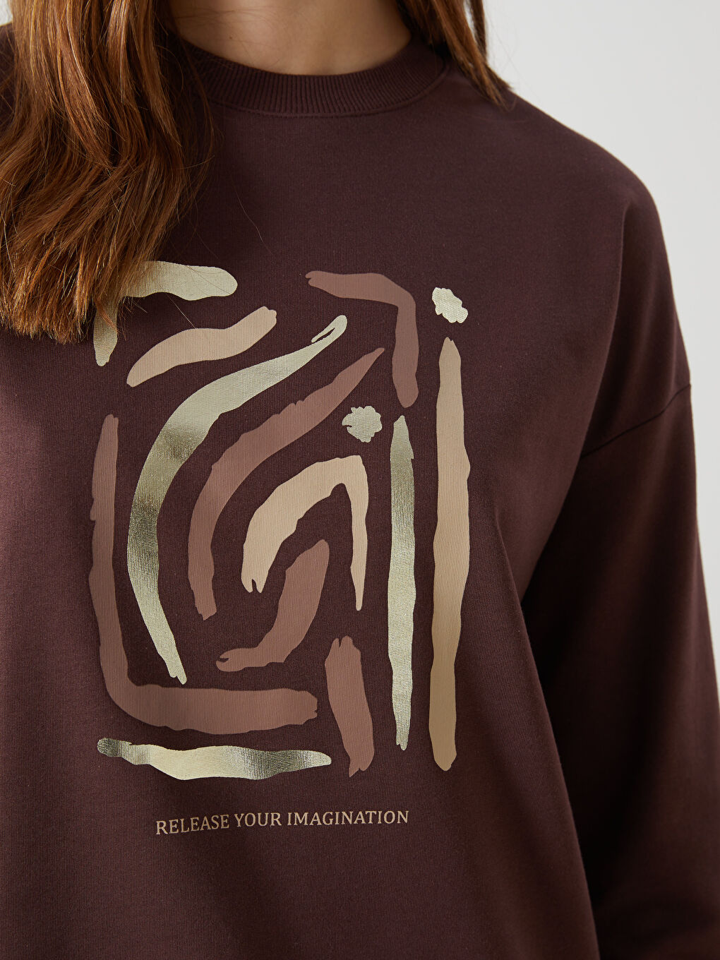 Kahverengi Bisiklet Yaka Baskılı Oversize Kadın Sweatshirt Tunik-2