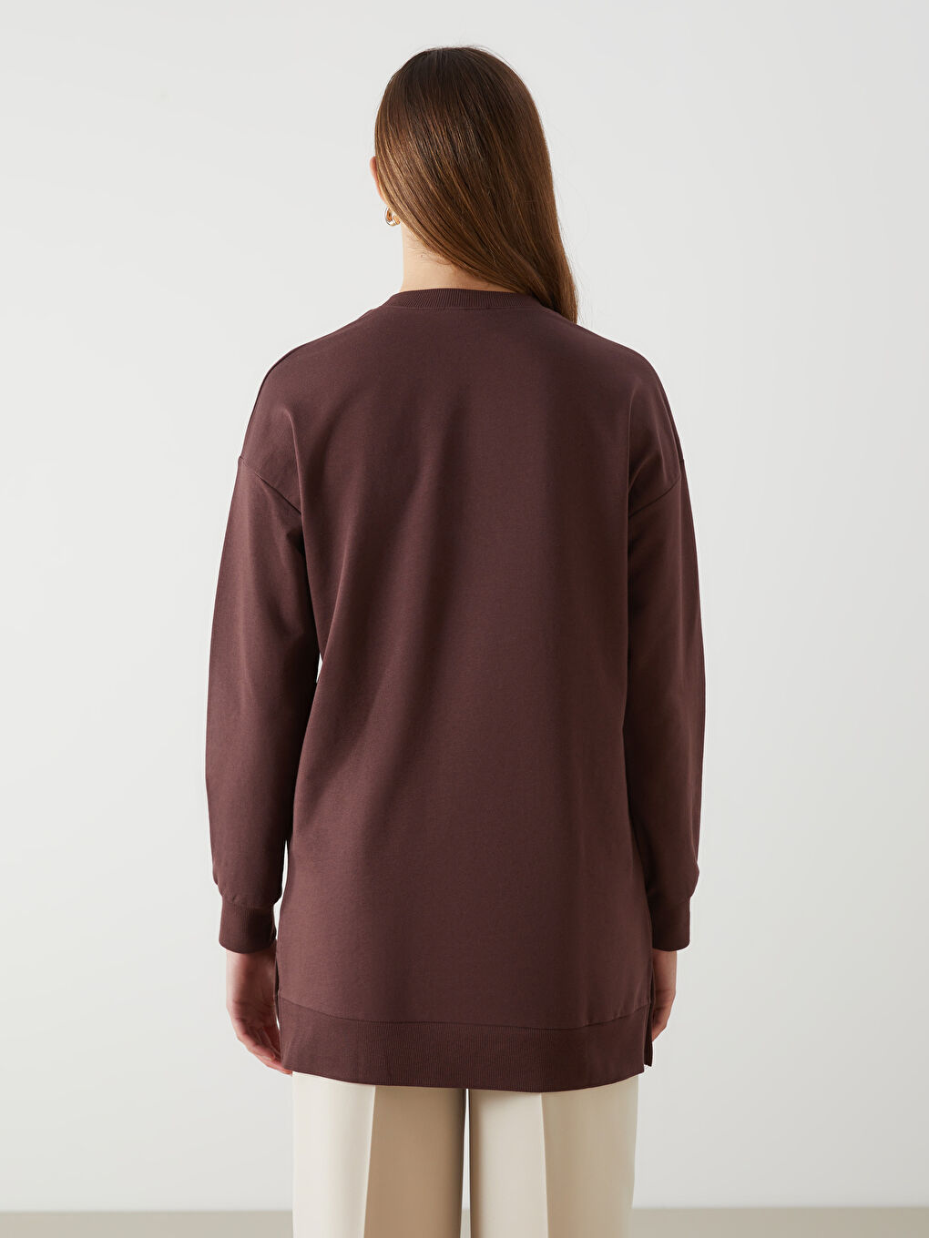 Kahverengi Bisiklet Yaka Baskılı Oversize Kadın Sweatshirt Tunik-3