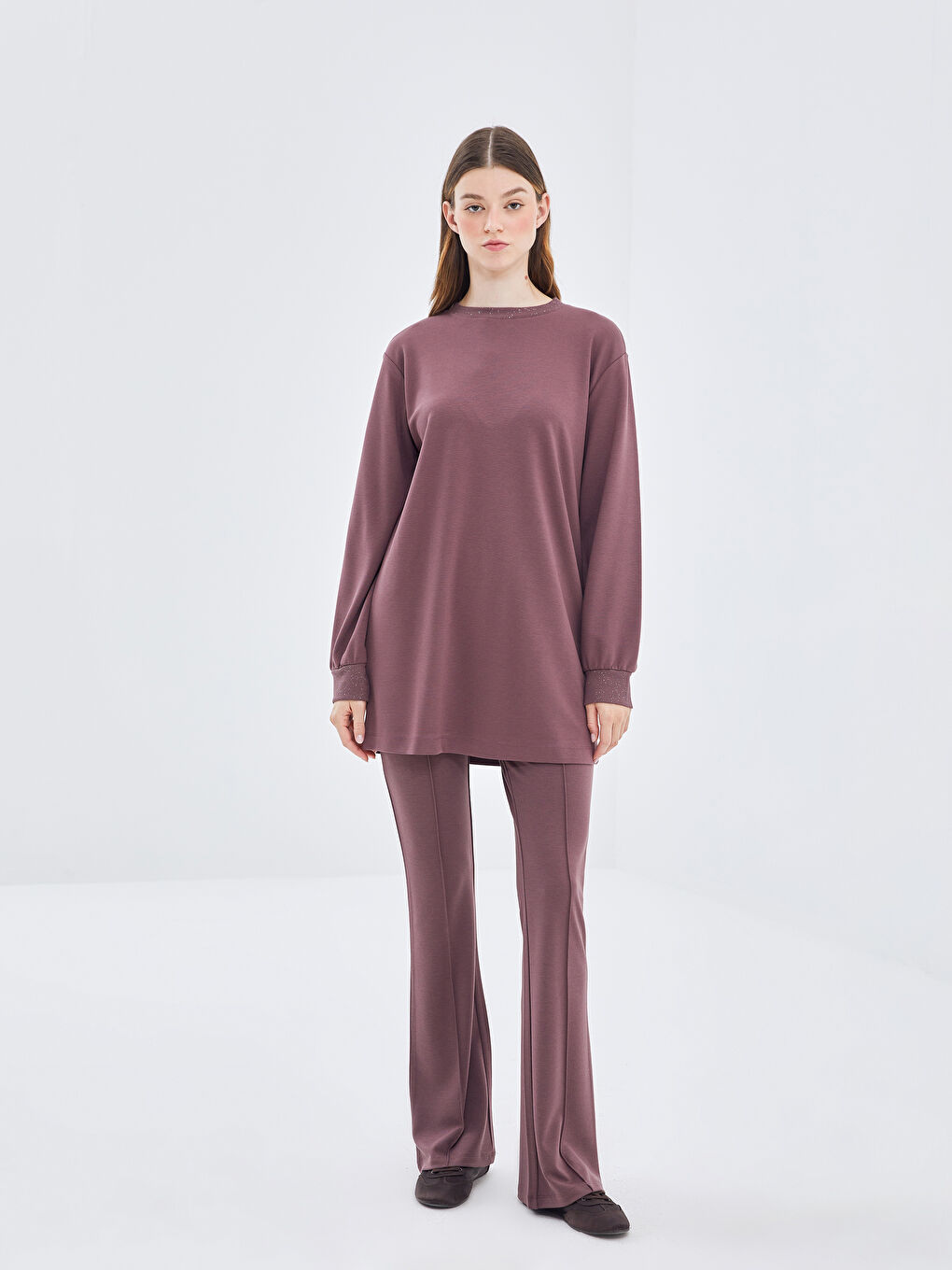 LCW Modest Mürdüm Bisiklet Yaka Desenli Kadın Sweatshirt Tunik - 1