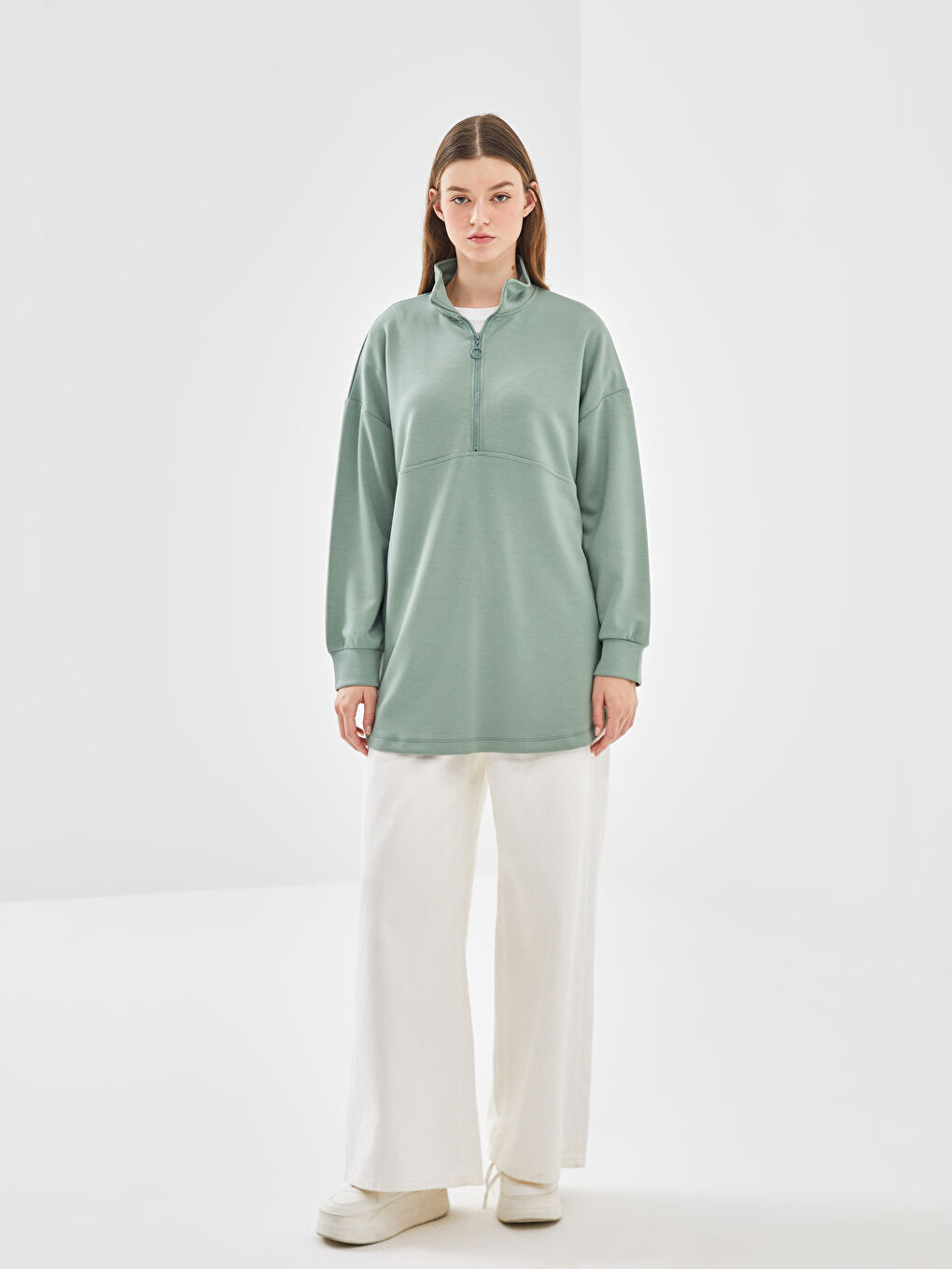 LCW Modest Yeşil Dik Yaka Kadın Sweatshirt Tunik - 1