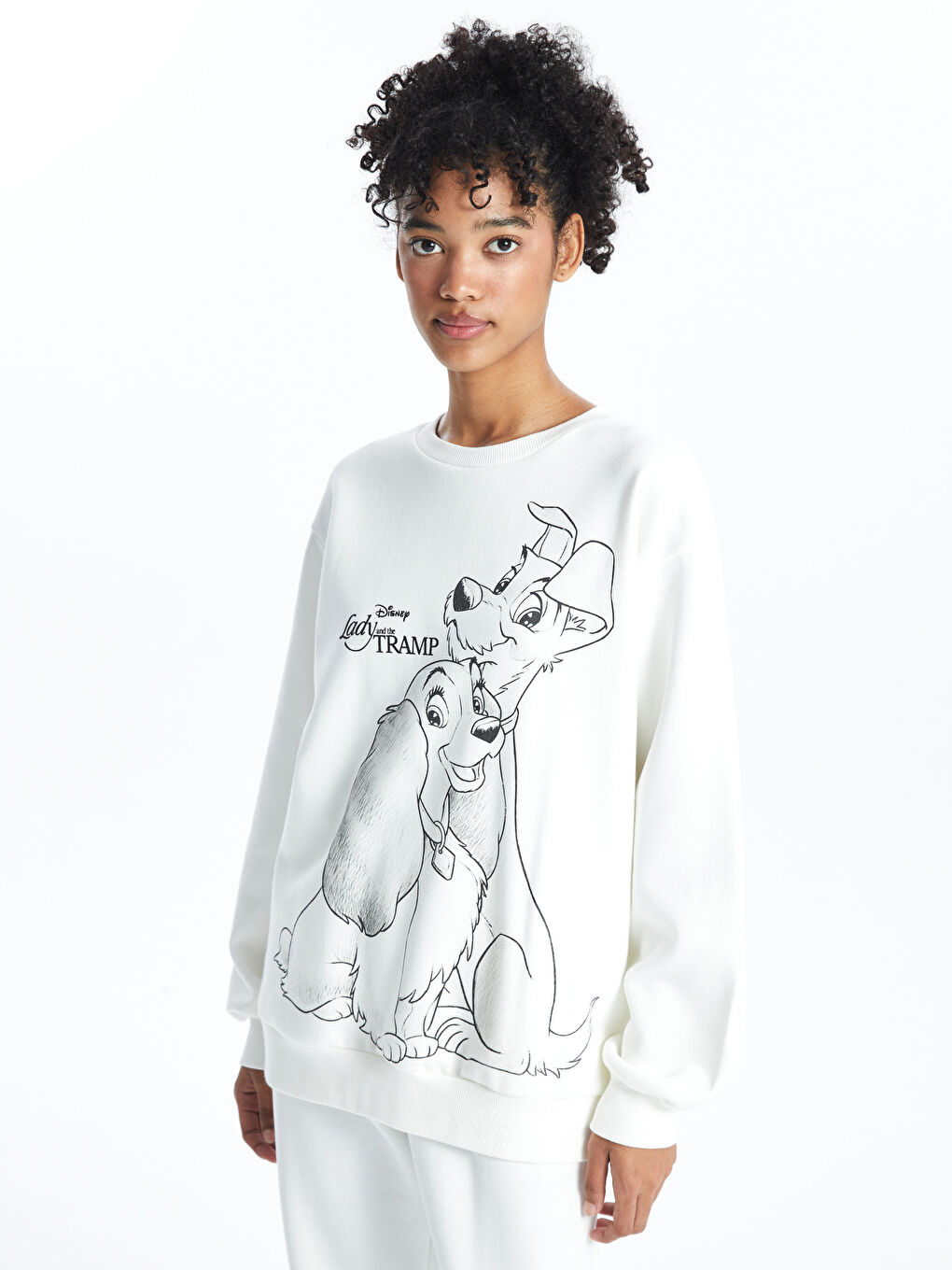 XSIDE Ekru Bisiklet Yaka Lady And The Tramp Baskılı Oversize Kadın Kalın Sweatshirt