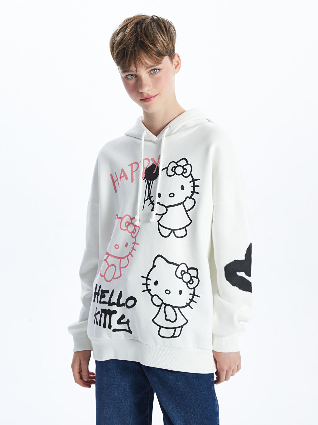 XSIDE Ekru Hello Kitty Baskılı Oversize Kadın Kalın Hoodie