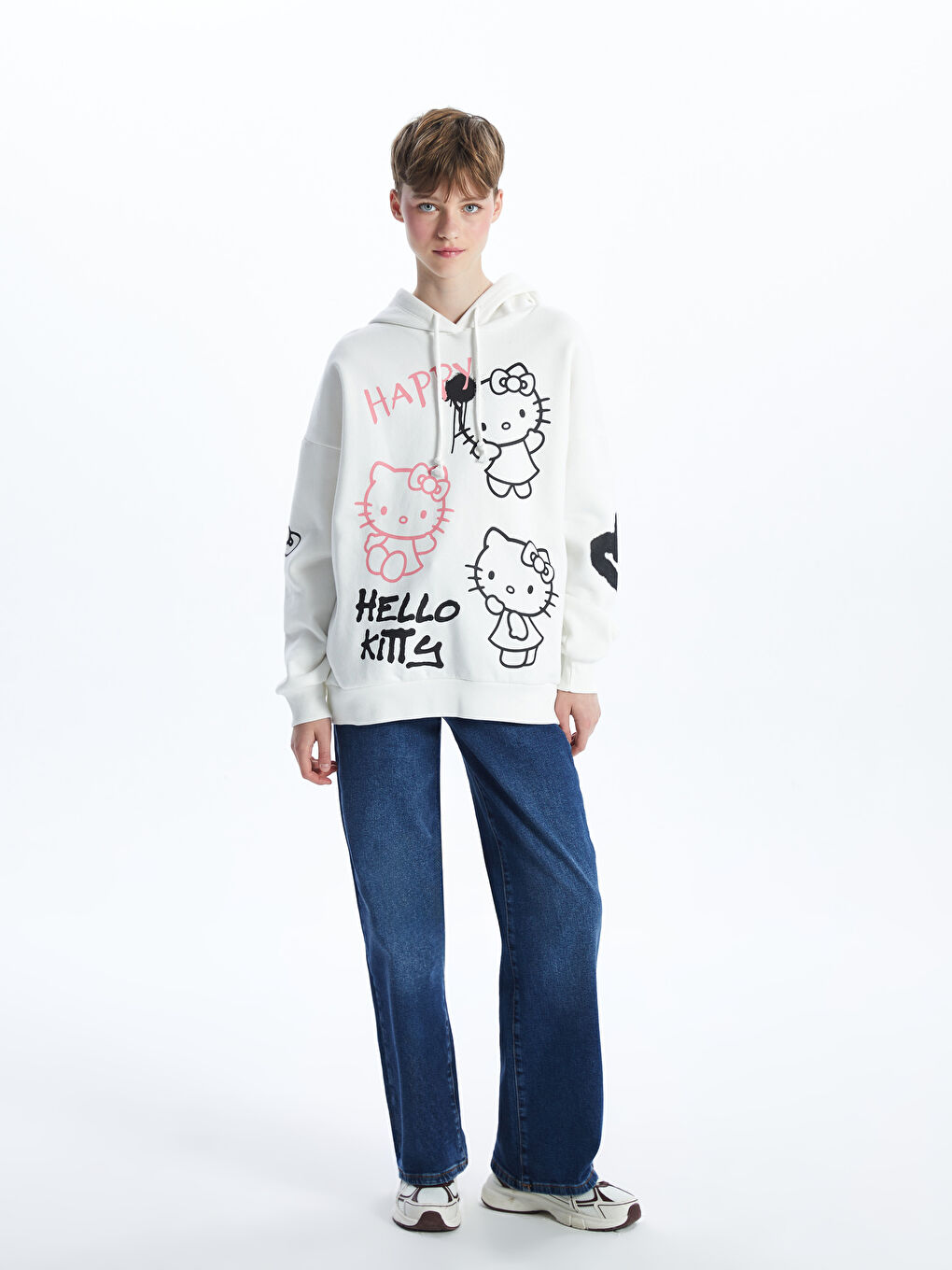 XSIDE Ekru Hello Kitty Baskılı Oversize Kadın Kalın Hoodie - 1