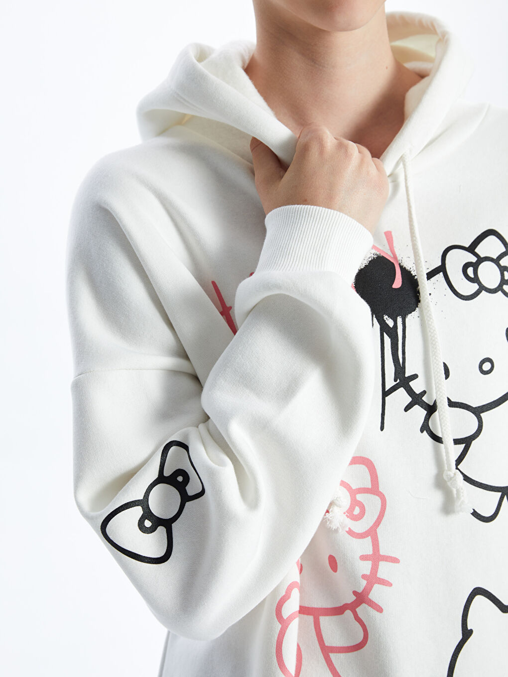 XSIDE Ekru Hello Kitty Baskılı Oversize Kadın Kalın Hoodie - 2