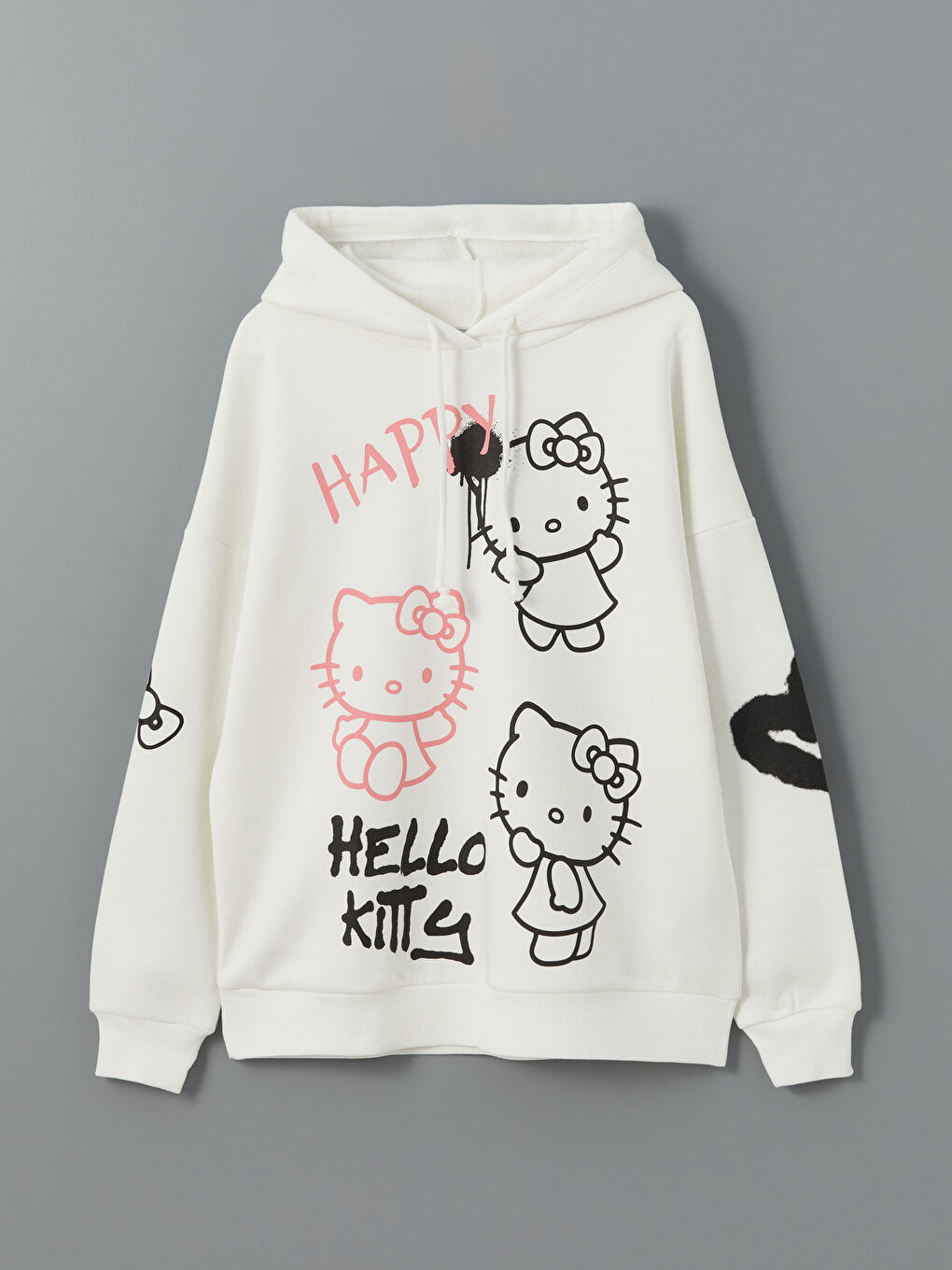 XSIDE Ekru Hello Kitty Baskılı Oversize Kadın Kalın Hoodie