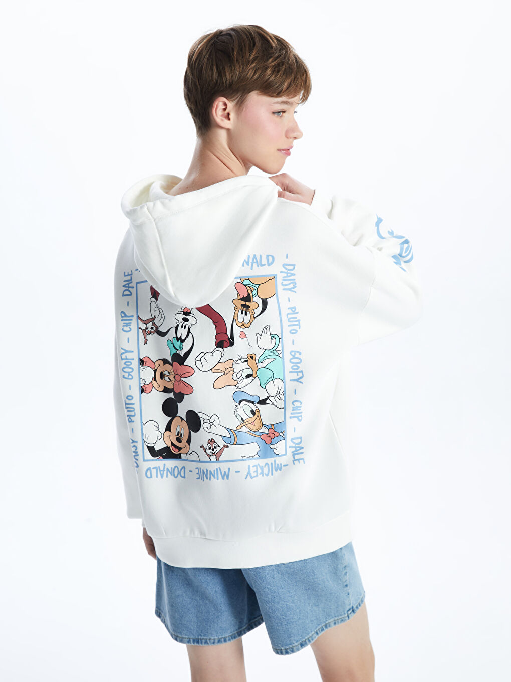 XSIDE Ekru Mickey ve Arkadaşları Baskılı Oversize Kadın Kalın Hoodie