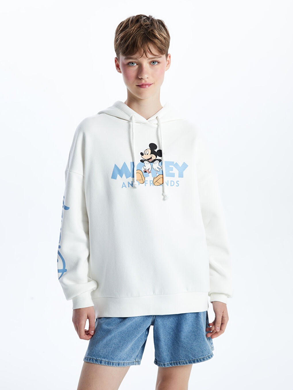 XSIDE Ekru Mickey ve Arkadaşları Baskılı Oversize Kadın Kalın Hoodie - 3