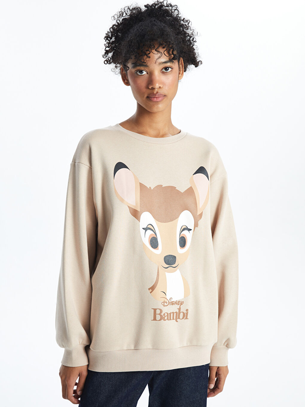 XSIDE Deve Tüyü Bisiklet Yaka Bambi Baskılı Oversize Kadın Kalın Sweatshirt