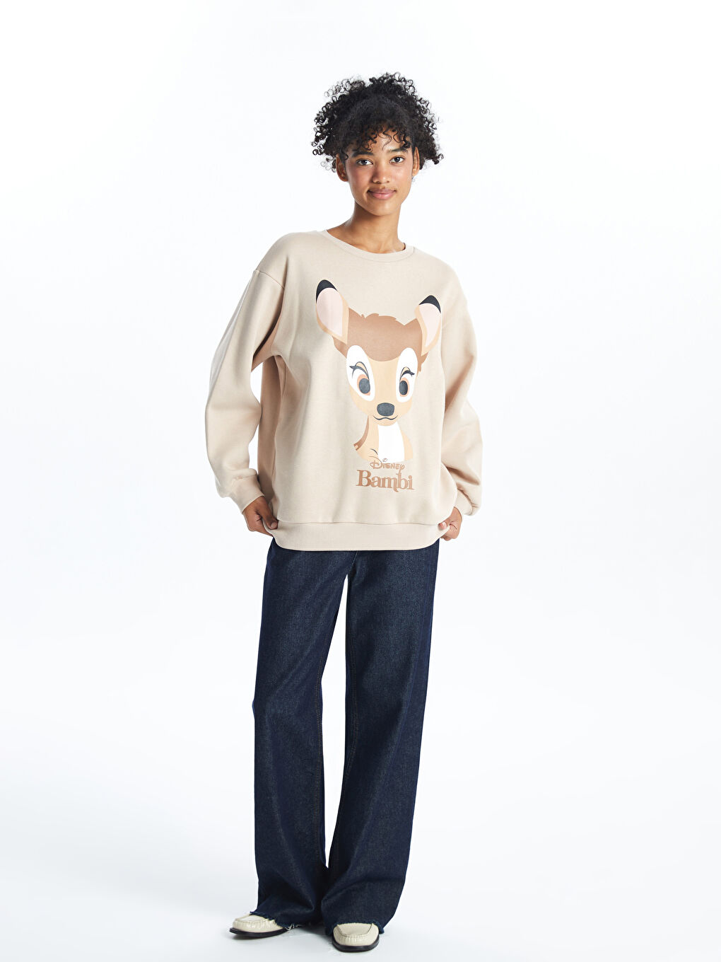 XSIDE Deve Tüyü Bisiklet Yaka Bambi Baskılı Oversize Kadın Kalın Sweatshirt - 1