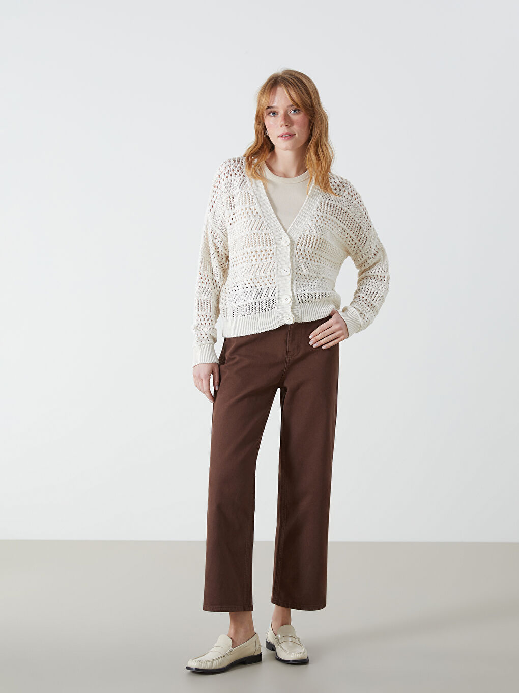 Ekru V Yaka Ajurlu Uzun Kollu Kadın Triko Hırka-1