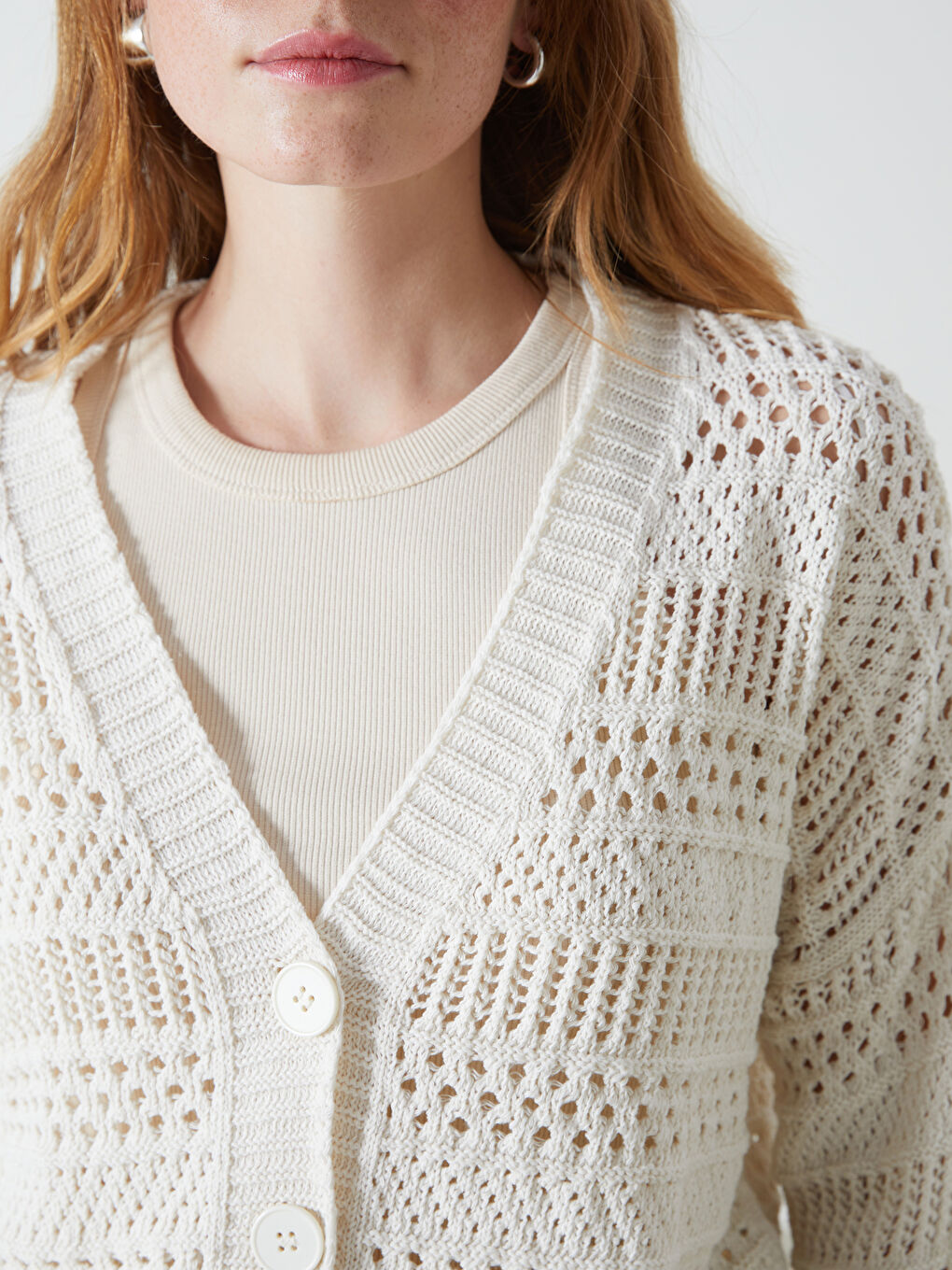 Ekru V Yaka Ajurlu Uzun Kollu Kadın Triko Hırka-2