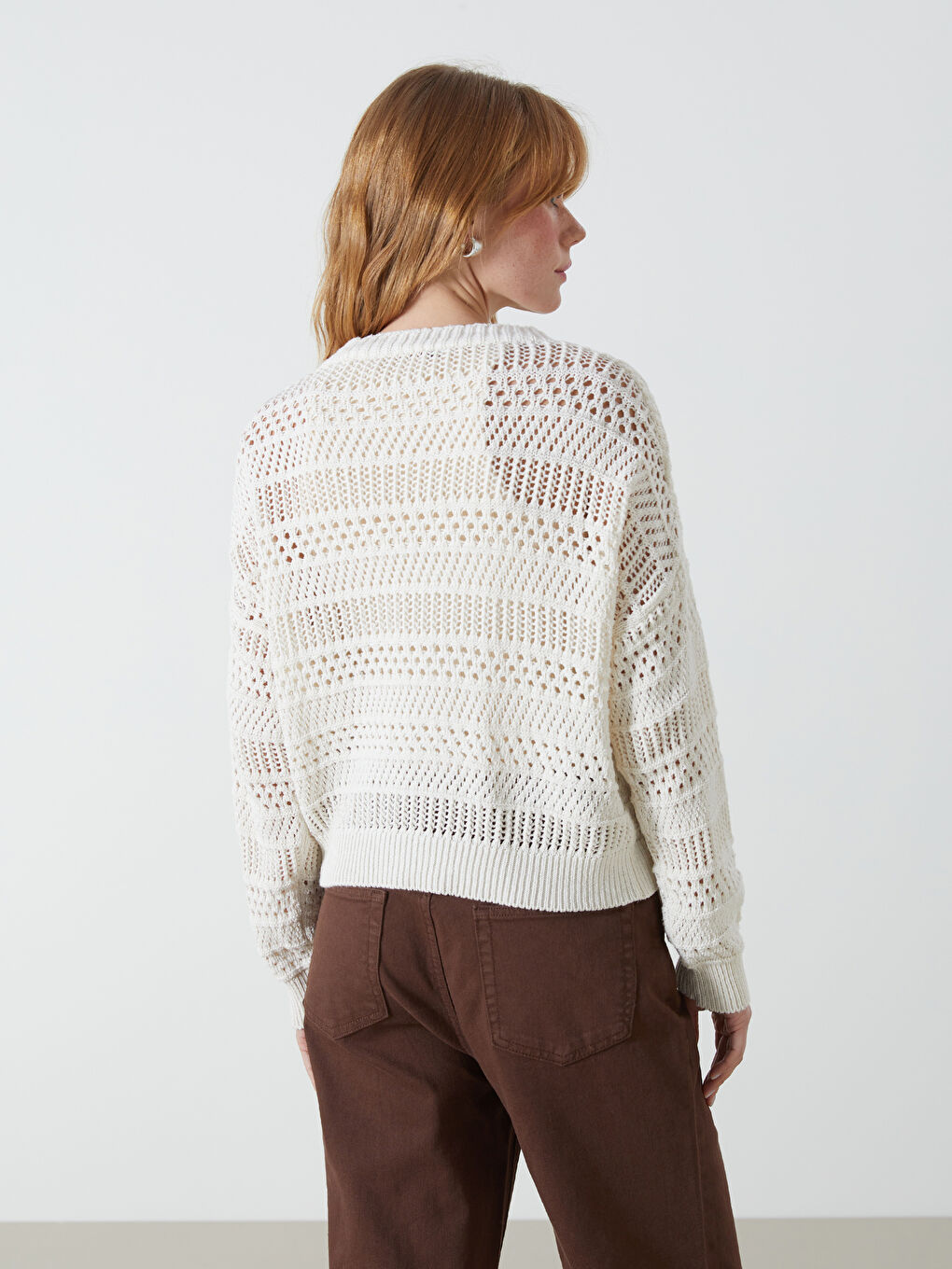 Ekru V Yaka Ajurlu Uzun Kollu Kadın Triko Hırka-3