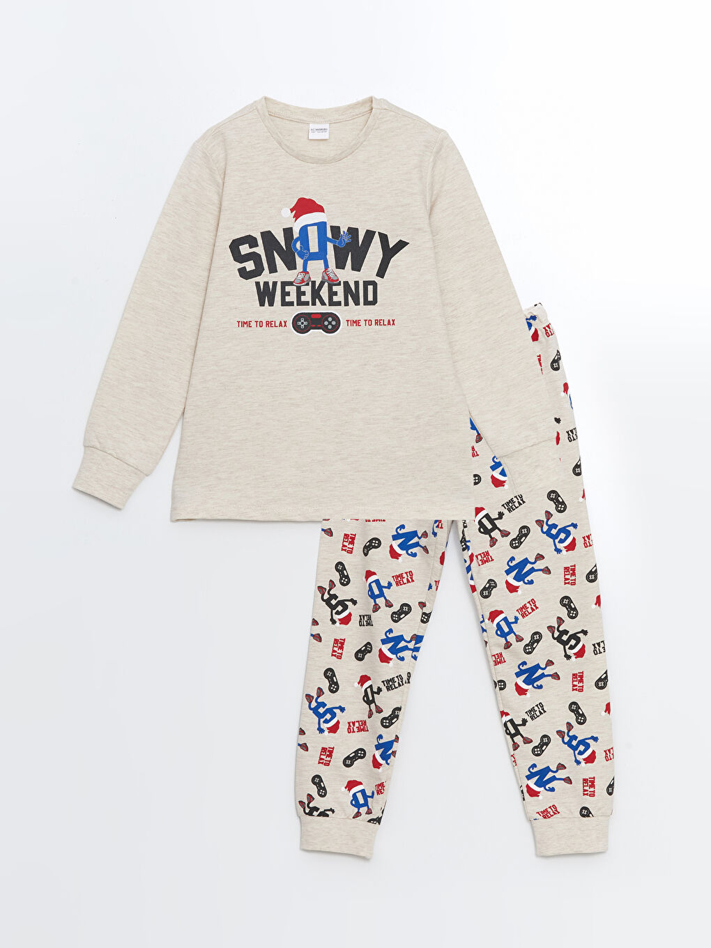 LCW Kids Bej Bisiklet Yaka Yılbaşı Temalı Erkek Çocuk Pijama Takımı