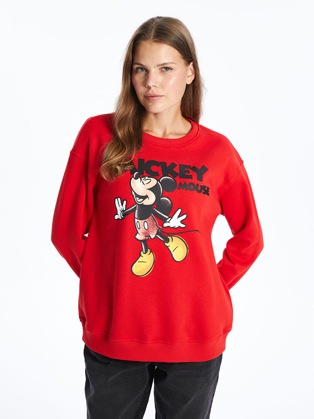 LCW Comfort Canlı Kırmızı Bisiklet Yaka Mickey Mouse Baskılı Kadın Kalın Sweatshirt