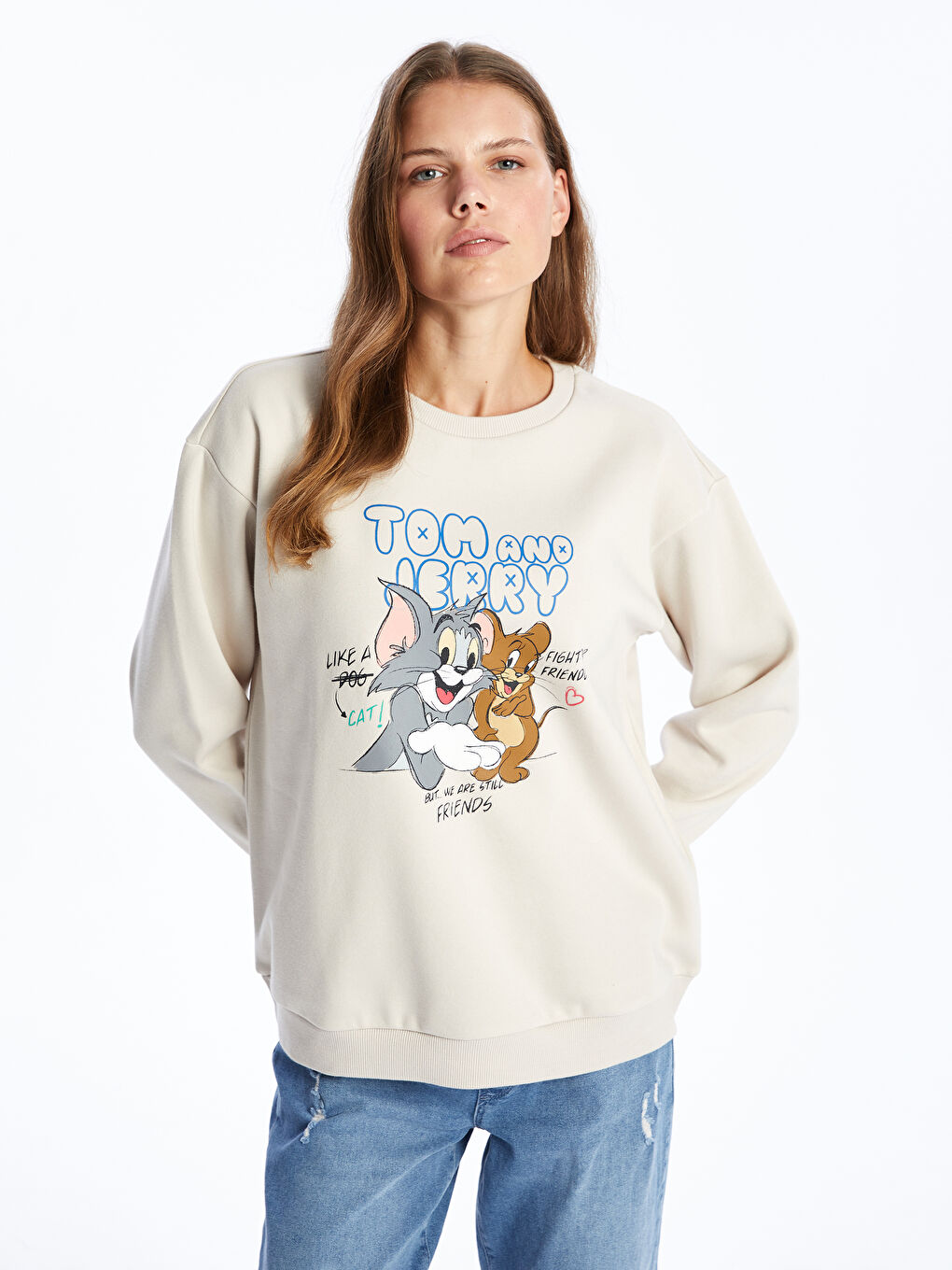 LCW Comfort Açık Gri Bisiklet Yaka Tom ve Jerry Baskılı Kadın Sweatshirt