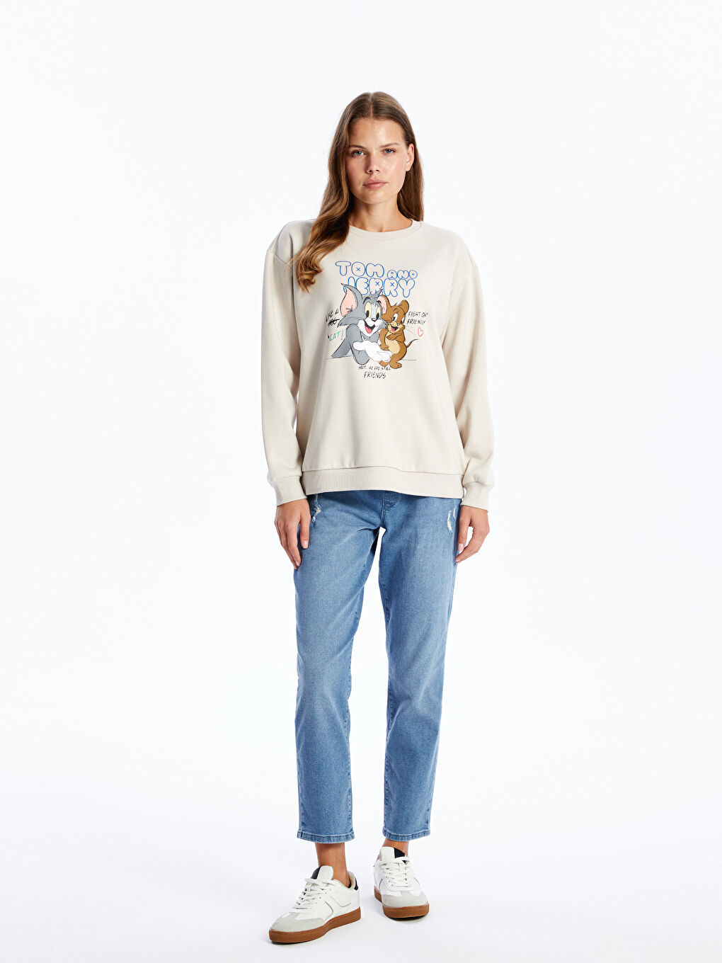 LCW Comfort Açık Gri Bisiklet Yaka Tom ve Jerry Baskılı Kadın Kalın Sweatshirt - 1