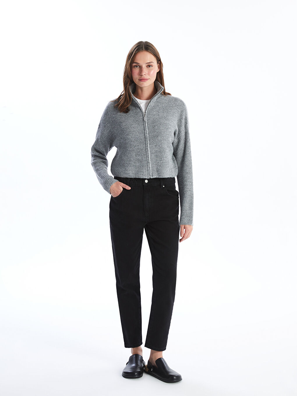 Funnel Neck Plain Long Sleeve Women's Knitwear Cardigan-1