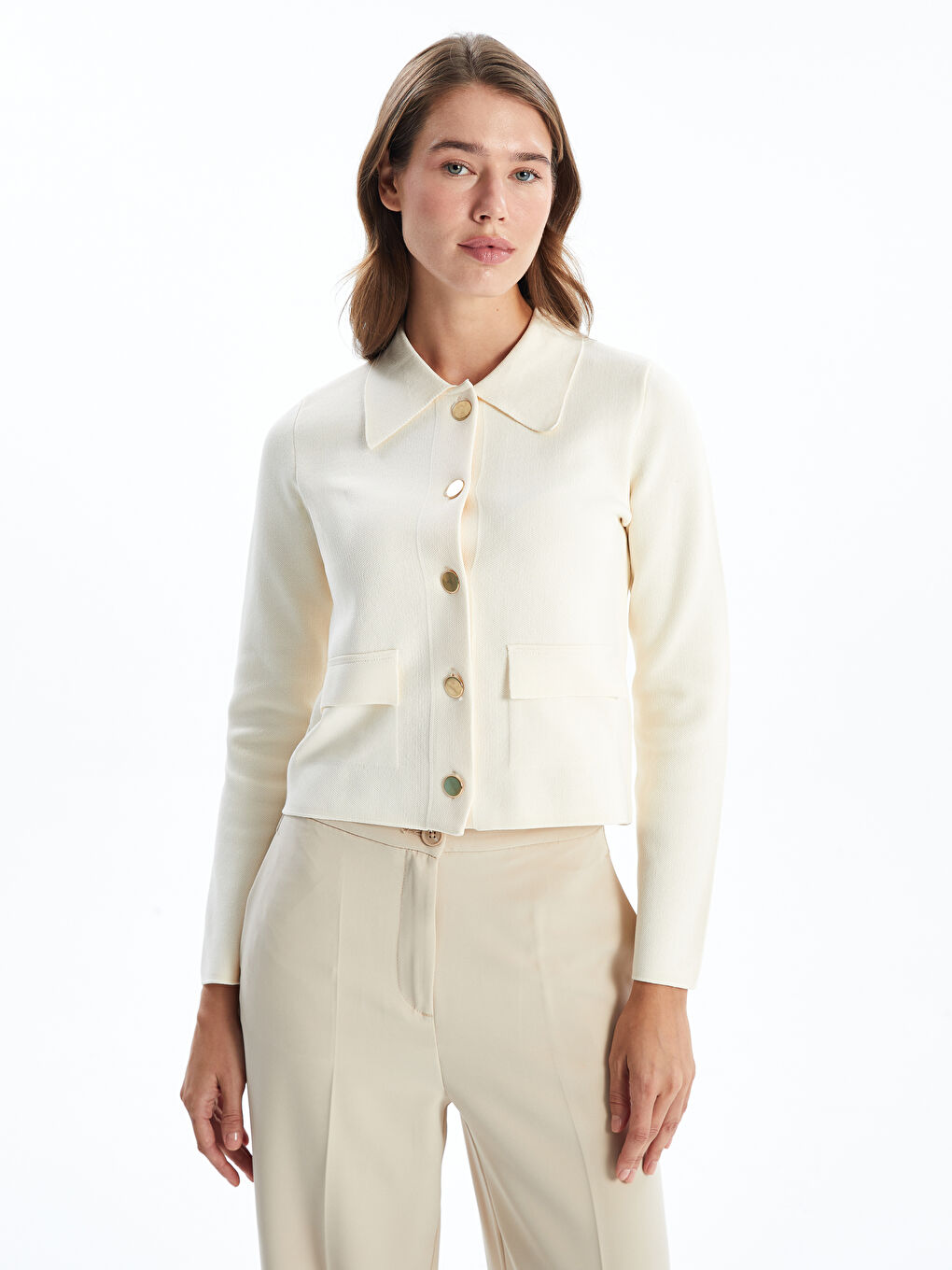 Cardigan en Tricot à Col de Chemise Uni à Manches Longues pour Femmes