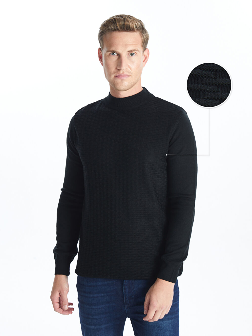 بلوفر تريكو ياقة هاي نيك كم طويل للرجال