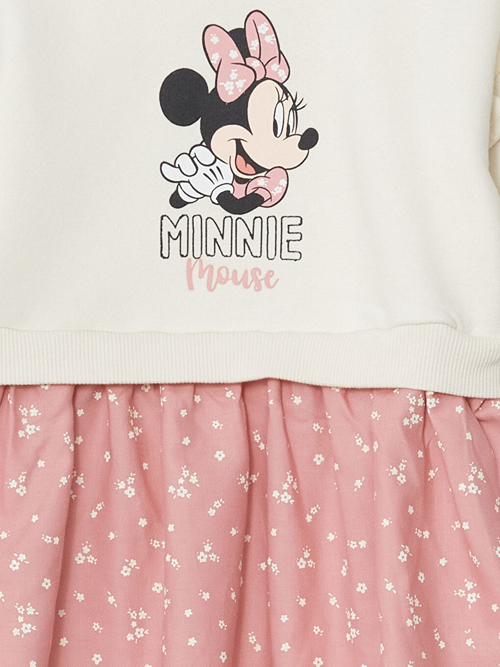 LCW Kids Ekru Bisiklet Yaka Uzun Kollu Minnie Mouse Baskılı Kız Çocuk Elbise - 1