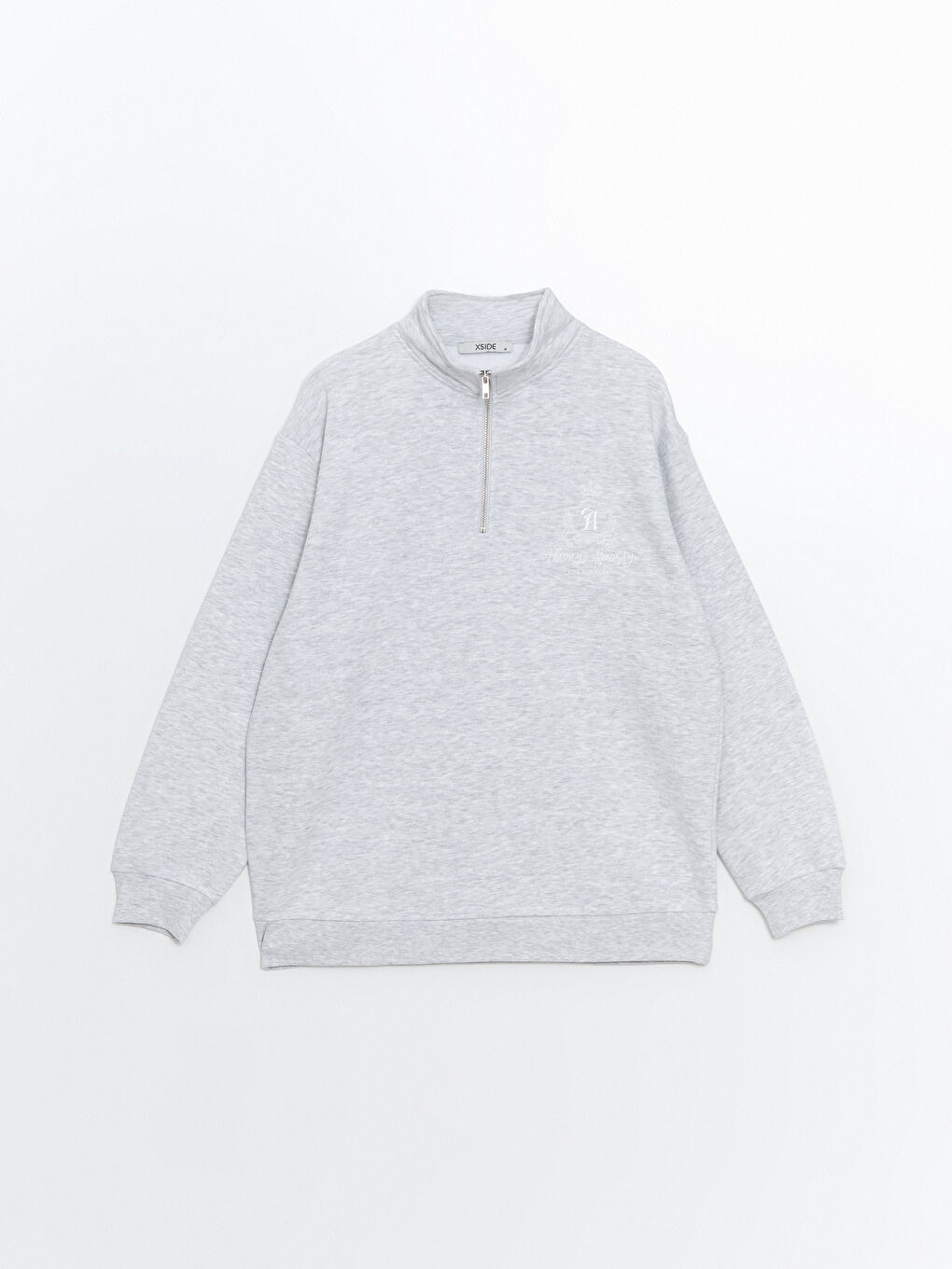 XSIDE Gri Melanj Dik Yaka Oversize Kadın Kalın Sweatshirt - 5