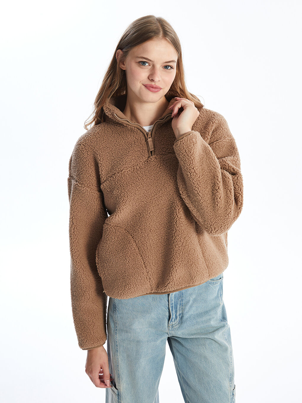 XSIDE Kahverengi Dik Yaka Oversize Kadın Sweatshirt