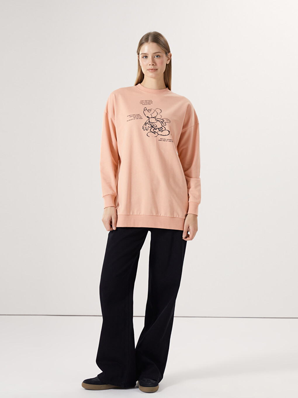 Tunique Sweat-shirt Surdimensionnée Imprimée Mickey Mouse Col Rond Pour Femmes-1