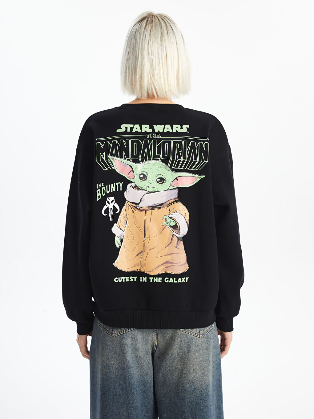 XSIDE Yeni Siyah Bisiklet Yaka The Mandalorian Baskılı Oversize Kadın Kalın Sweatshirt - 4