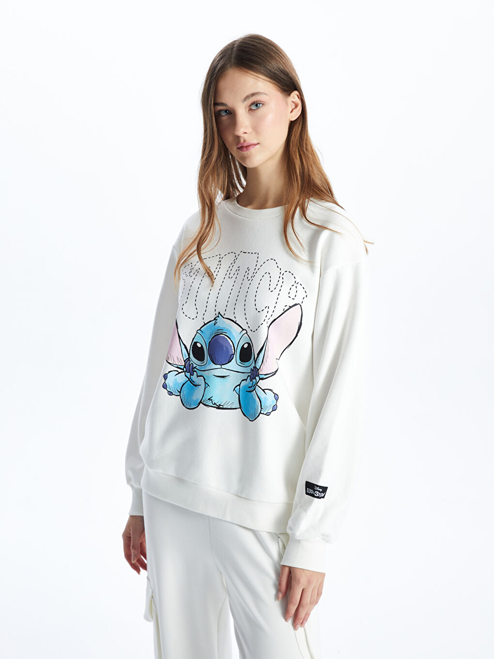 XSIDE Ekru Bisiklet Yaka Stitch Baskılı Oversize Kadın Kalın Sweatshirt