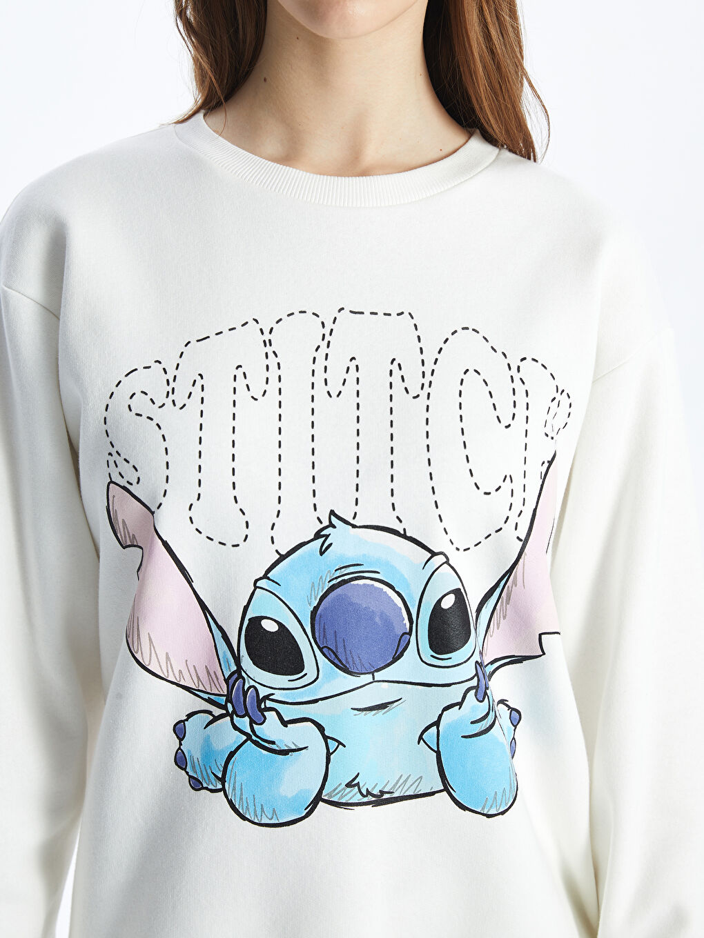 XSIDE Ekru Bisiklet Yaka Stitch Baskılı Oversize Kadın Kalın Sweatshirt - 2