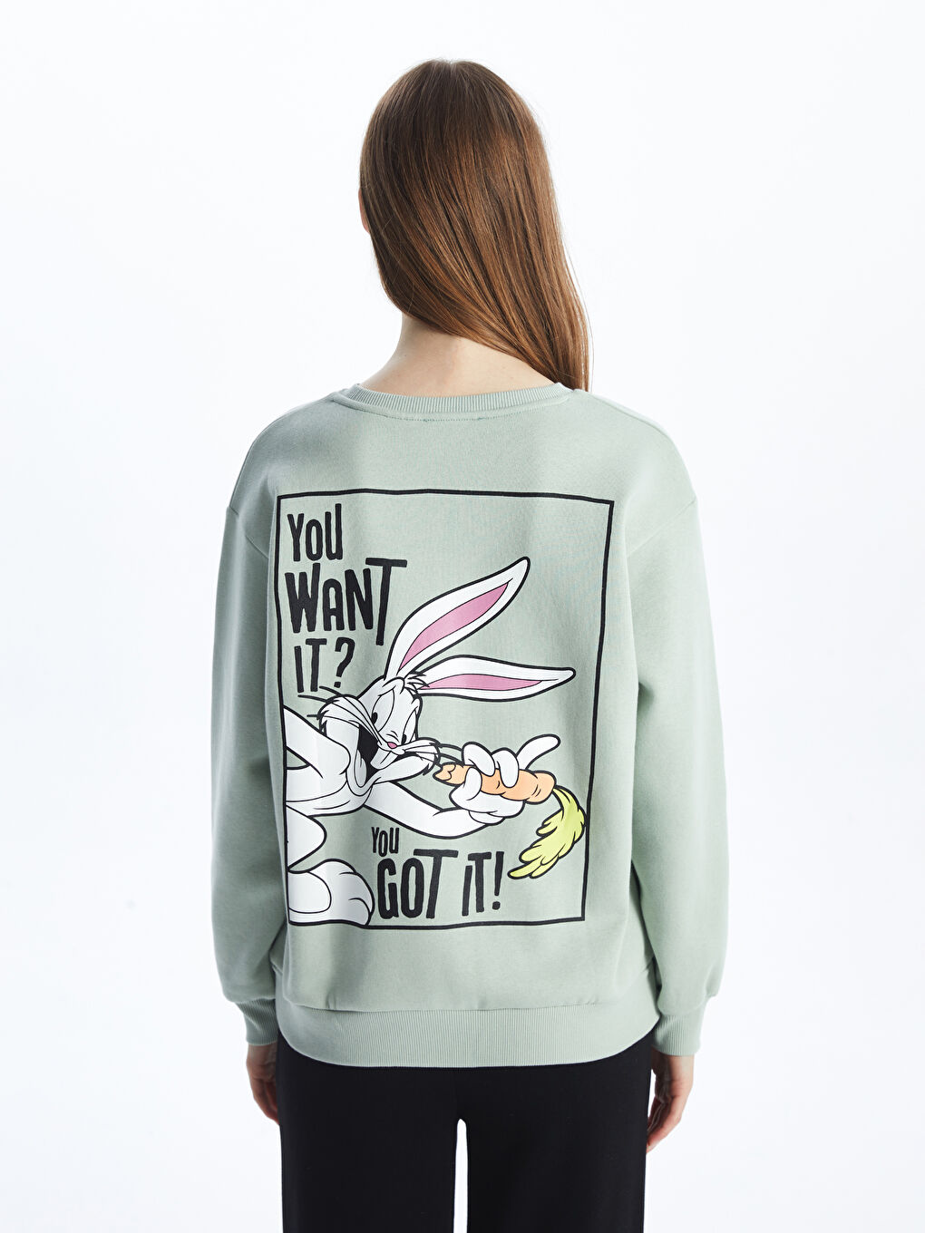 XSIDE Yeşil Bisiklet Yaka Bugs Bunny Baskılı Oversize Kadın Kalın Sweatshirt - 4