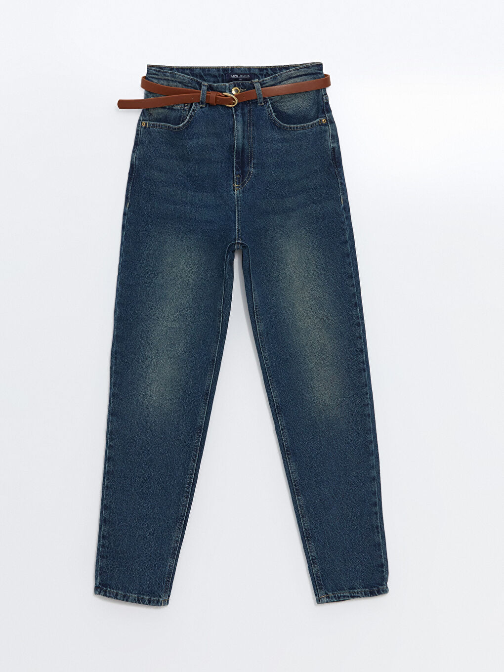 LCW Jeans Orta İndigo Rodeo Beli Kemerli Mom Fit Kadın Jean Pantolon