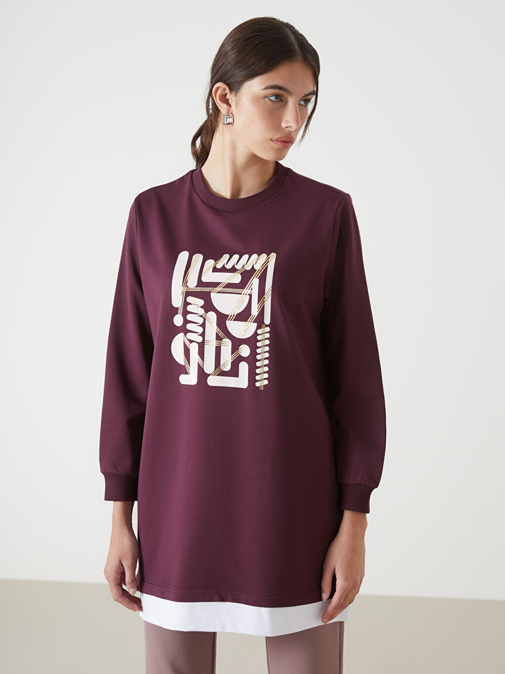 تونيك سويتشيرت مطبوع بياقة دائرية للسيدات-3