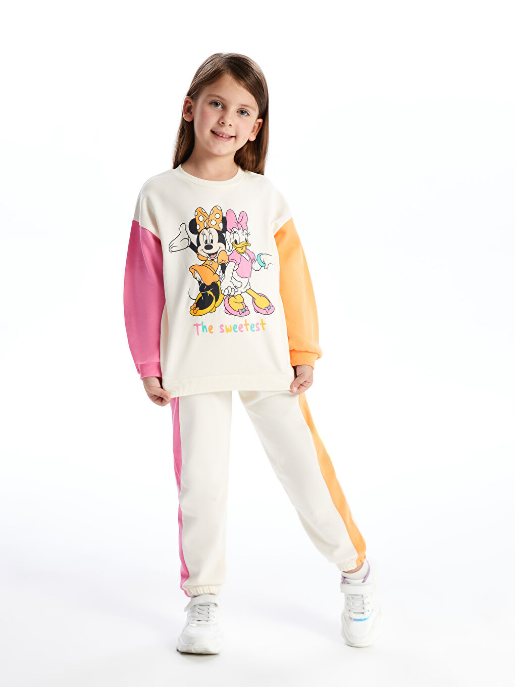 LCW Kids Ekru Bisiklet Yaka Uzun Kollu  Minnie Mouse Baskılı Kız Bebek Sweatshirt ve Eşofman Alt 2'li