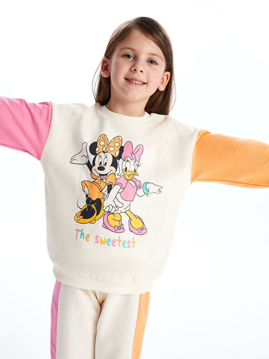 LCW Kids Ekru Bisiklet Yaka Uzun Kollu  Minnie Mouse Baskılı Kız Bebek Sweatshirt ve Eşofman Alt 2'li - 1