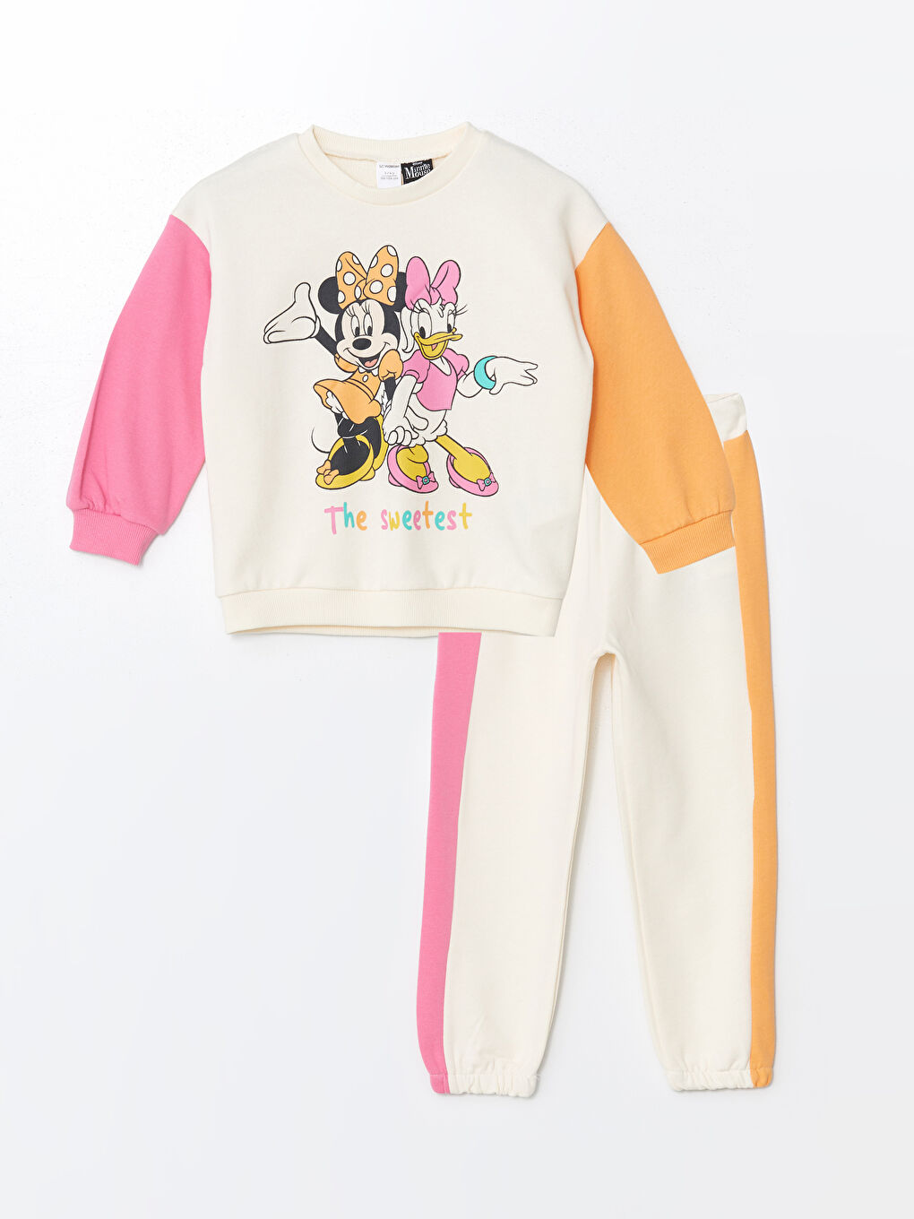 LCW baby Krem Rengi Bisiklet Yaka Uzun Kollu  Minnie Mouse Baskılı Kız Bebek Sweatshirt ve Eşofman Alt 2'li