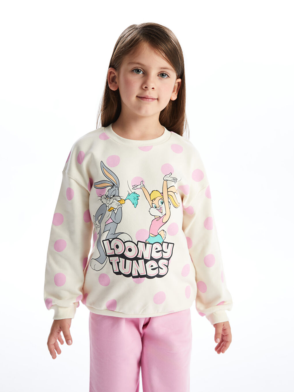 LCW Kids Pembe Bisiklet Yaka Uzun Kollu Bugs Bunny Baskılı Kız Çocuk Sweatshirt ve Eşofman Alt 2'li - 1