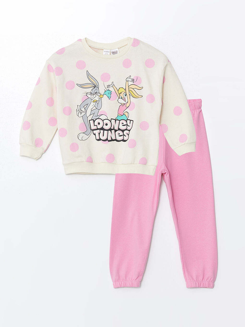 LCW baby Pembe Baskılı Bisiklet Yaka Uzun Kollu Bugs Bunny Baskılı Kız Bebek Sweatshirt ve Eşofman Alt 2'li