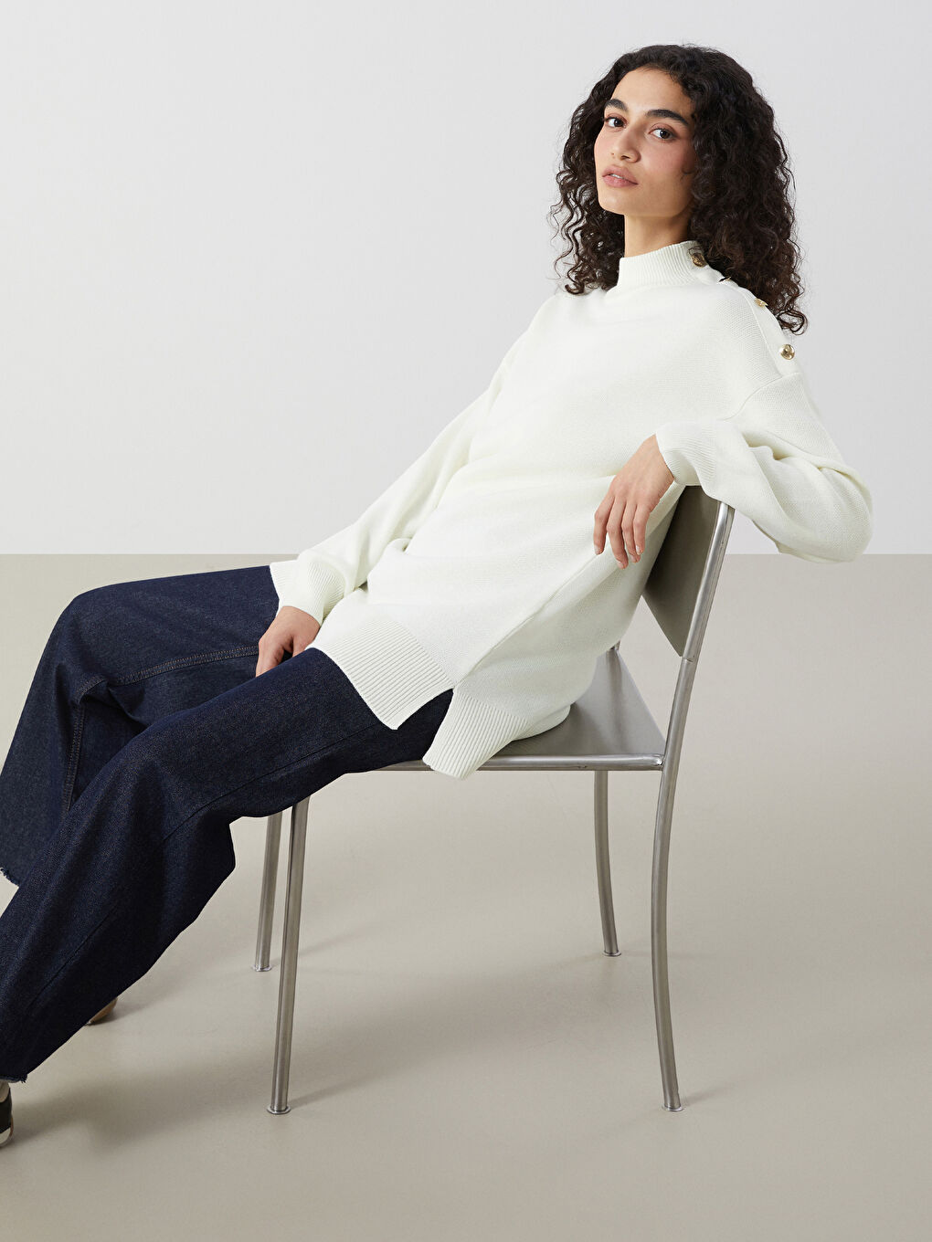 Ekru Dik Yaka Kadın Triko Tunik