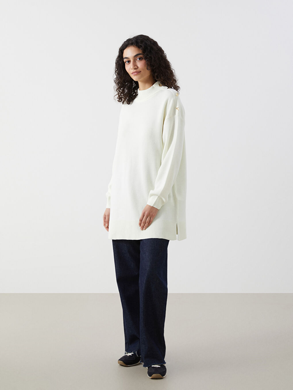 Ekru Dik Yaka Kadın Triko Tunik-1