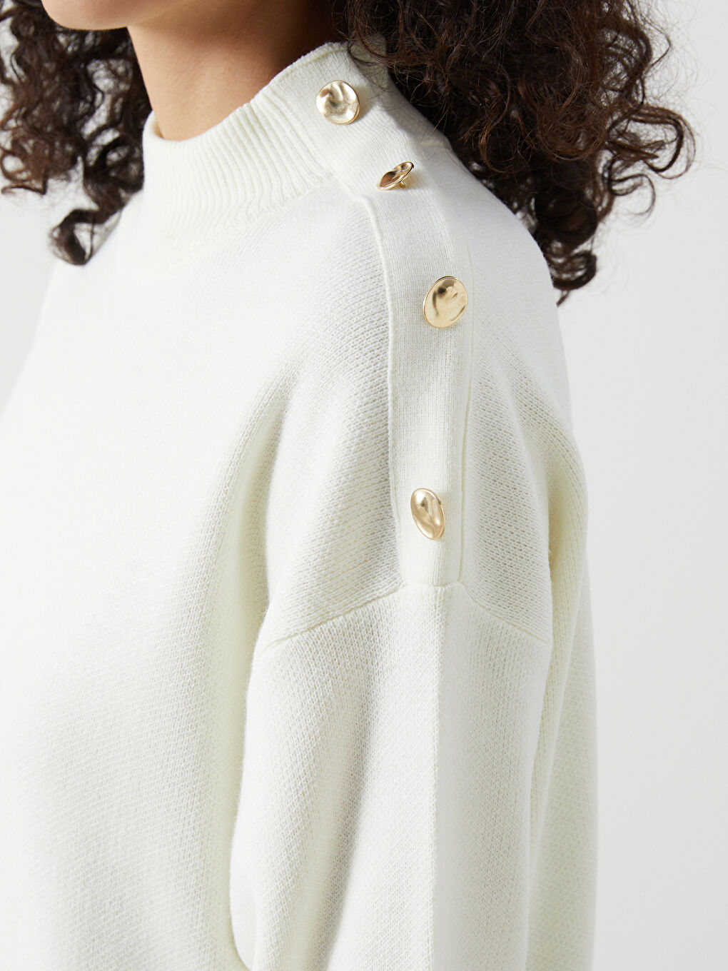 Ekru Dik Yaka Kadın Triko Tunik-2