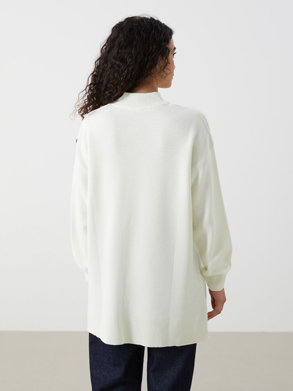 Ekru Dik Yaka Kadın Triko Tunik-3