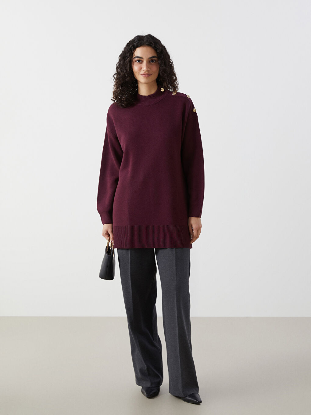 Bordo Dik Yaka Kadın Triko Tunik-1