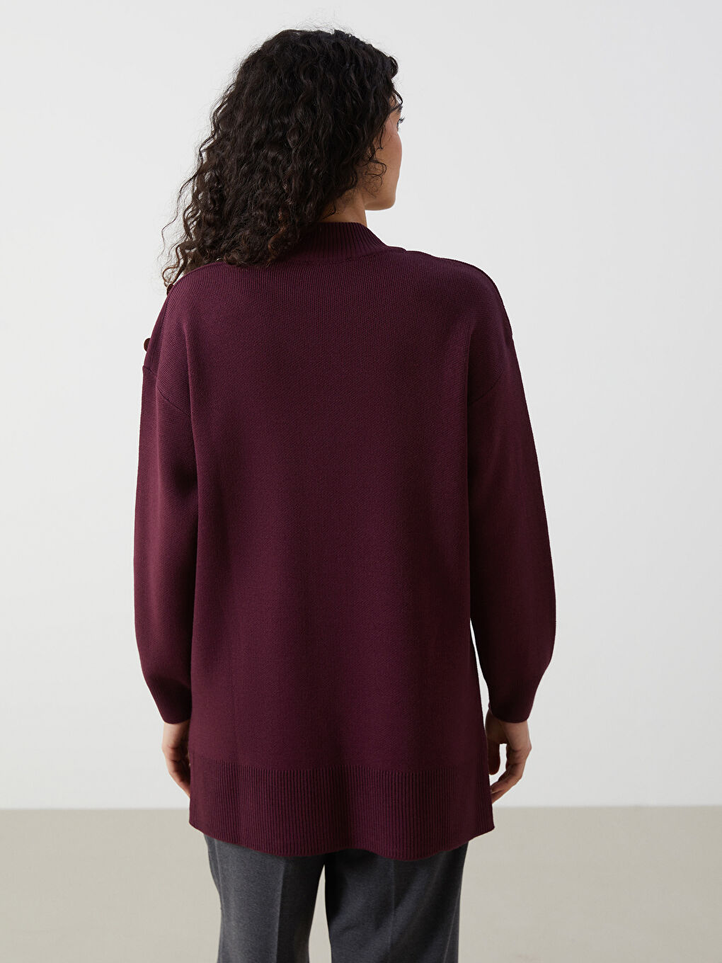 Bordo Dik Yaka Kadın Triko Tunik-3