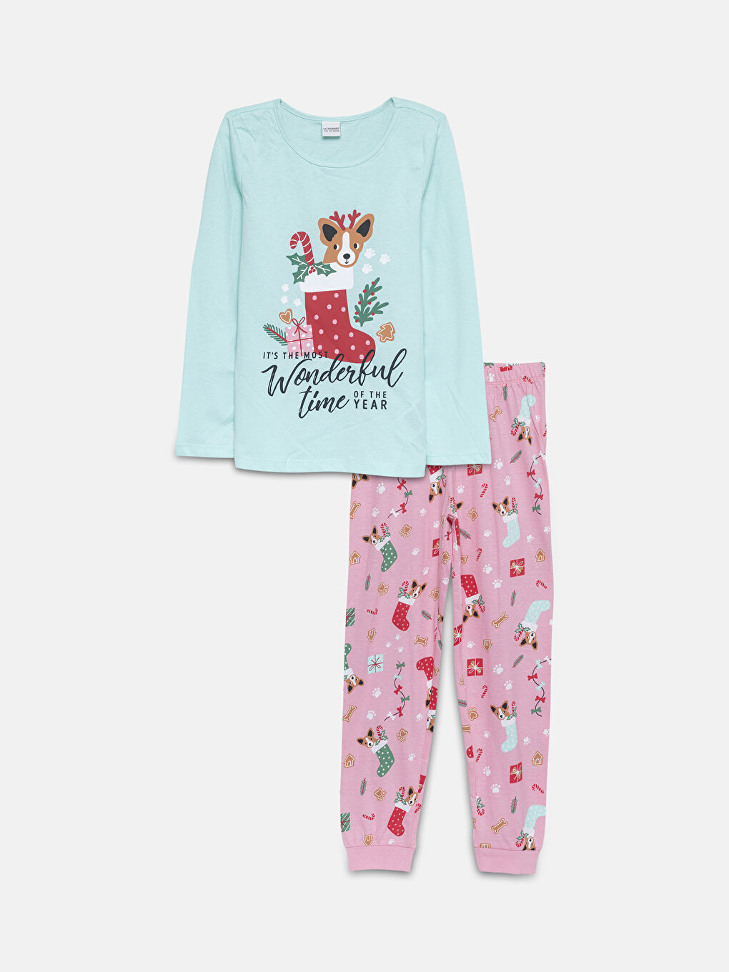 LCW Kids Pyjama-Set für Mädchen mit Weihnachtsmotiv und Rundhalsausschnitt -W4HD19Z4-FZB