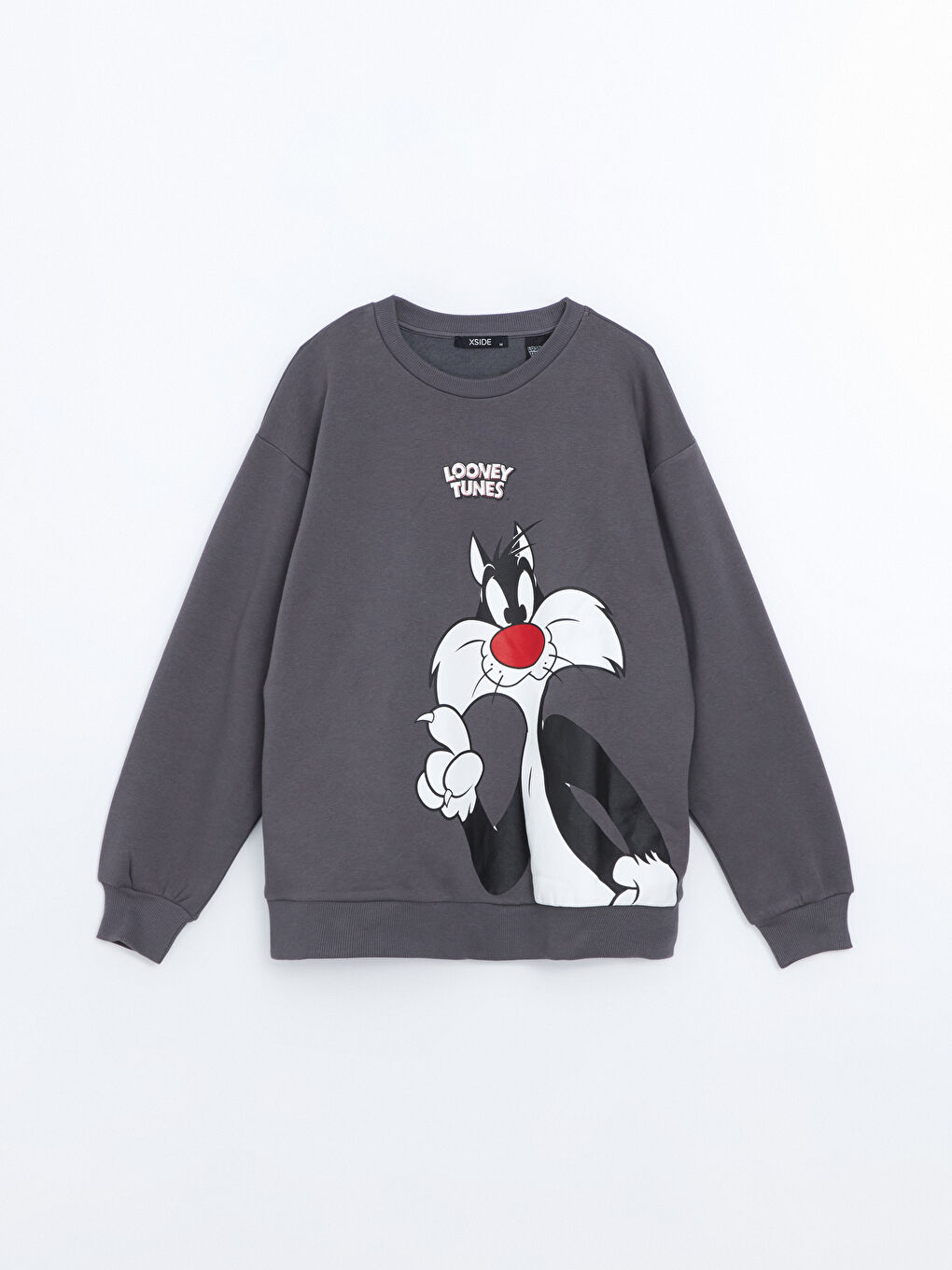 XSIDE Antrasit Bisiklet Yaka Sylvester Baskılı Oversize Kadın Kalın Sweatshirt